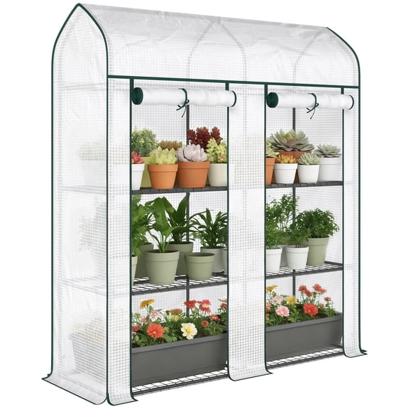 Mini Greenhouse, 3-Tier Portable Plant Shelf with UV-Resistant PE Cover and 2 Roll-up Zippered Doors, Steel Frame, 56.3" x 18.1" x 65", White, Weather-Resistant Outdoor Garden Oasis