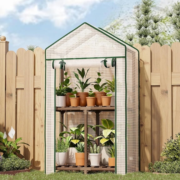 Mini Greenhouse Indoor Outdoor 2-Tierd Portable Warm House with PE Cover Compact Garden and Backyards Portable Rack with Sturdy Eucalyptus Frame Winter-Proof for Protection