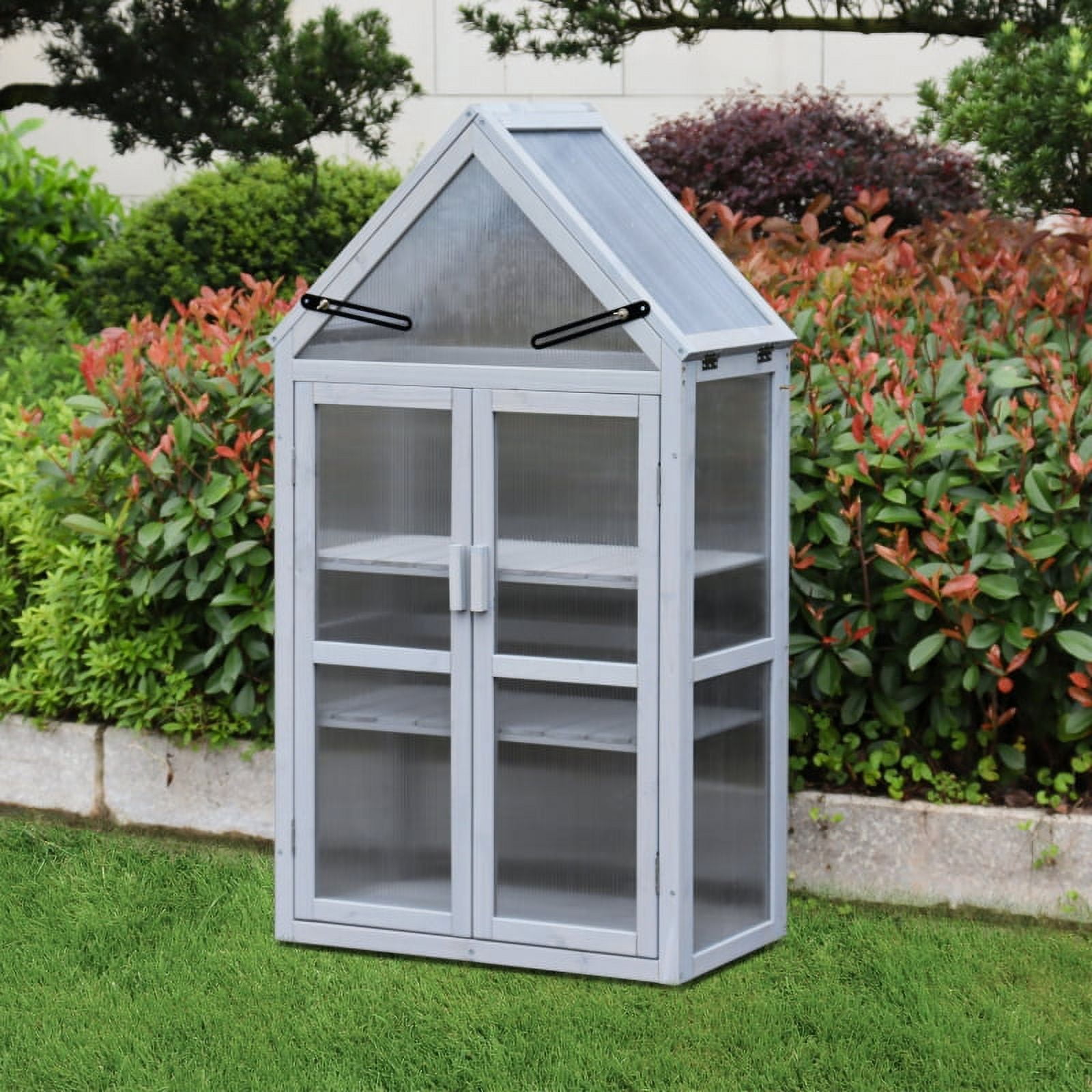 Gray Mini Metal and Wood Greenhouse with Sliding Doors