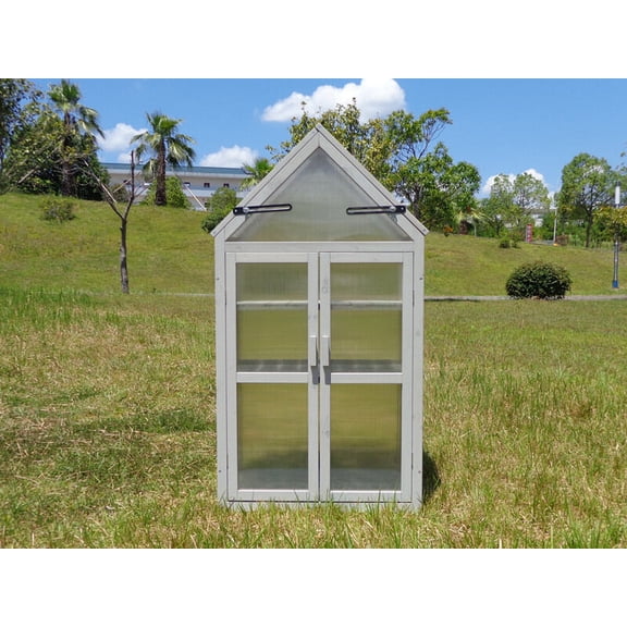 Mini Greenhouse Kit for Small Garden, Outdoor Plant Stand with Adjustable Shelves and Roof, Gray Metal & Wood Patio Greenhouse for Balcony, Patio, Indoor Use