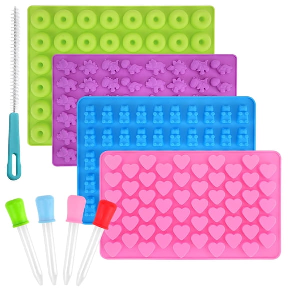 Mini Gummy Molds with 4 Droppers and 1 Brush, Gummy Candy Molds Silicone, Non-Stick Silicone Candy Molds Including Mini Dinosaur, Bear Shape, Hearts and Mini Donut（Set of 9）