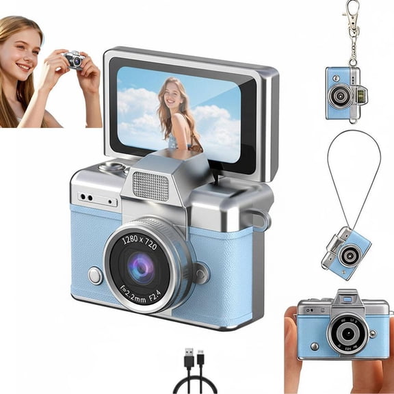 Mini HD Camera with 720P Recording, 180° Flip Selfie Screen, Anti-Shake, Beauty Filter