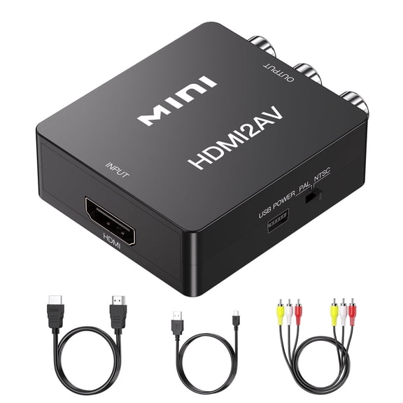 Mini HDMI to AV Converter, 1080P HDMI to RCA CVBS Adapter with PAL / NTSC Switch for Streaming Stick, DVD Player, Game Console to Old CRT TV Display