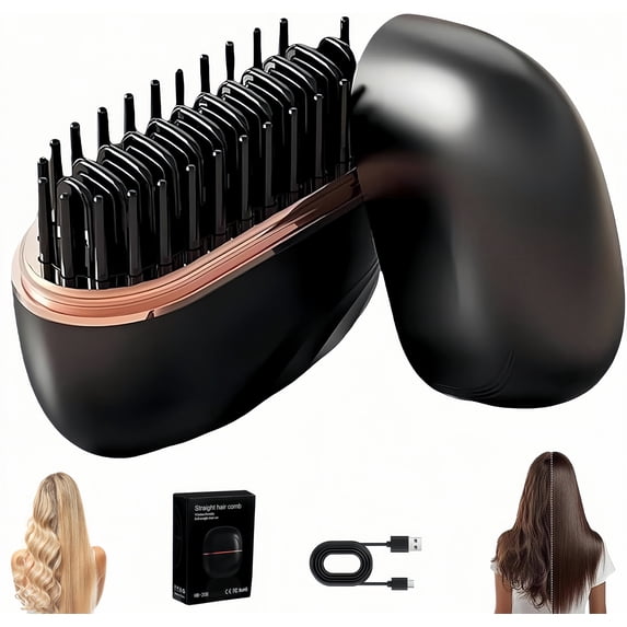 Mini Hair Straightener, Portable Hair Straightener Brush, Rechargeable Wireless 3-Speed Temperature Control, Mini Straightener Brush for Home Travel Gift, Black