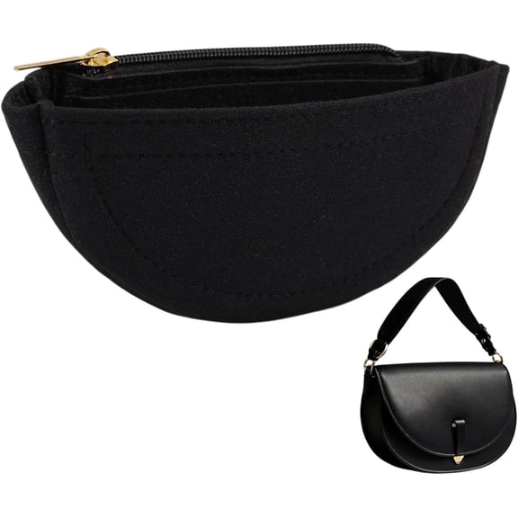 Mini Half Round Felt Purse Organizer Insert Small Handbag Purse Organizer Tote with Zipper for Women Item Storage Black 7.5x3.3x1.8 inch for DIY