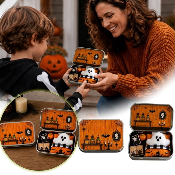 Mini Halloween Ghost Tin Box Dollhouse Kit, Portable Metal Box Tiny Ghost Pumpkin Book Miniature Scene Set, Spooky Pocket Size Halloween Surprise Gift for Kids Desktop Decor