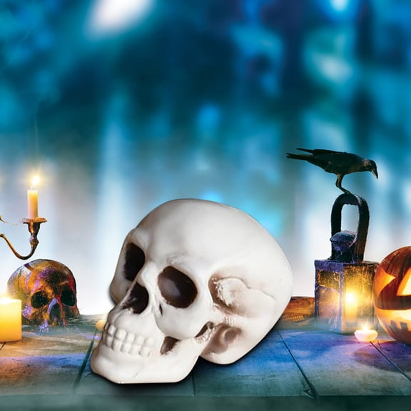 Mini Halloween Simulation Skeleton Head Model, Realistic Horror Skull Props for Halloween Party Decoration, Table Decor 7.48x5.12Inch White