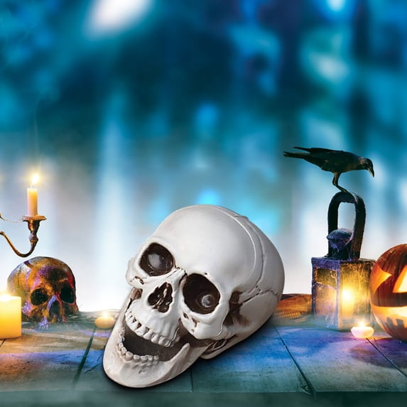 Mini Halloween Simulation Skeleton Head Model, Realistic Horror Skull Props for Halloween Party Decoration, Table Decor 7.48x5.12Inch White