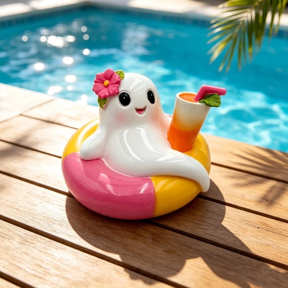 Mini Halloween Summer Ghost Decor Statue, Non Scary Resin Ghost on Pink Yellow Swim Ring with Tropical Drink, Table Ornament for Trick-or-Treat Pool Party Tiered Tray Indoor Outdoor Supplies