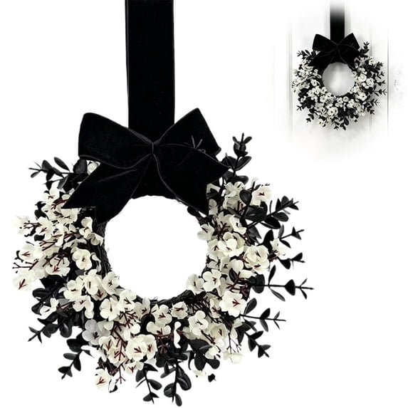 Mini Halloween Wreath, 8.6 Inch Artificial Black Grapevine Wreath with Velvet Bow for Cabinet, Window, Wall and Tabletop Gothic Decor