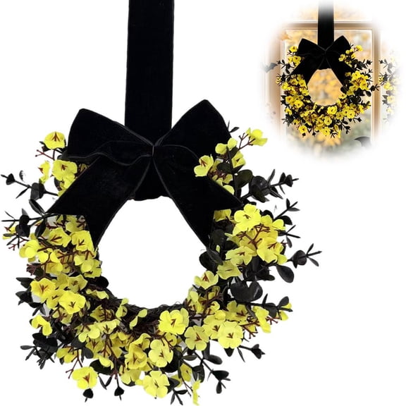 Mini Halloween Wreath, 8.6 Inch Artificial Black Grapevine Wreath with Velvet Bow for Cabinet, Window, Wall and Tabletop Gothic Decor
