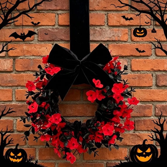Mini Halloween Wreath, 8.6 Inch Artificial Black Grapevine Wreath with Velvet Bow for Cabinet, Window, Wall and Tabletop Gothic Decor