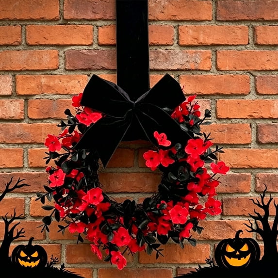 Mini Halloween Wreath 8.7inch Artificial Black Grapevine Wreath with Floral, Boxwood and Velvet Bow Gothic Small Cabinet Canlde Rings Wreaths for Festival Home Table Centerpiece Window Decor, C