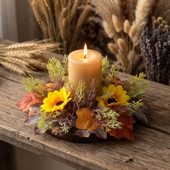 Mini Halloween Wreaths for Kitchen Cabinet Artificial Sunflower Wreath Maple Leaves Candlesticks Wreaths Rustic Autumn Wreath Fall Thanksgiving Candle Holder Tables Centerpieces Farmhouse Decor