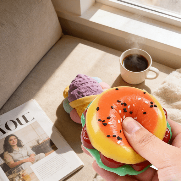 Mini Hamburger-Shape Food Squishies, Funky Cute Sensory Fidgets Ball, Bulk Silent Moldable Stress Balls for Desk, Office, Fun