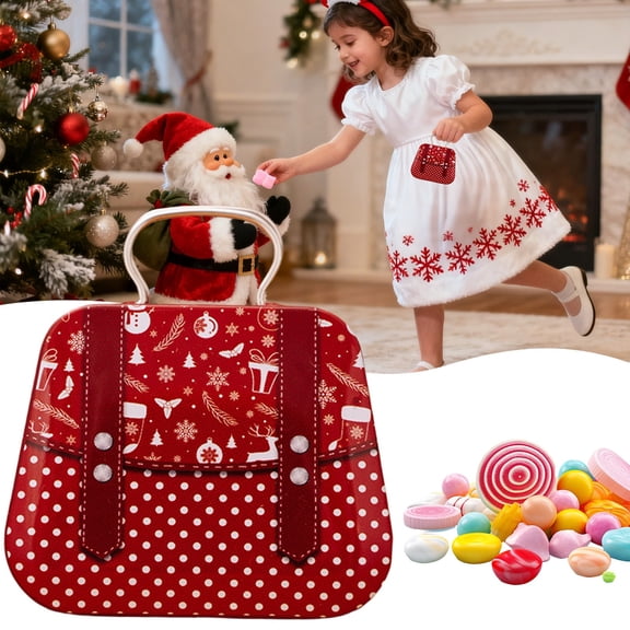 Mini Handbag‑Style Christmas Candy Tin,2.75 x 2.36 x 1.18 in Polka‑Dot Holiday Pattern Metal Treat Box, Reusable Tinplate Favor Container for Holiday Gifting, Party Favors & Small Trinket Storage