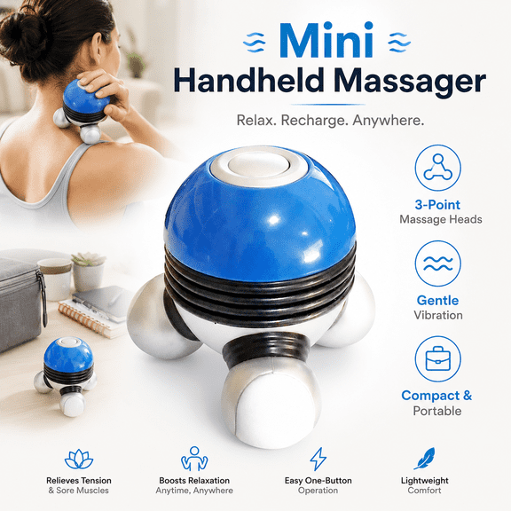 Mini Handheld Massager, Portable 3-Leg Vibration Body Massager with LED Lights for Neck Shoulders Back Arms and Legs, Compact Personal Massage Tool, Blue