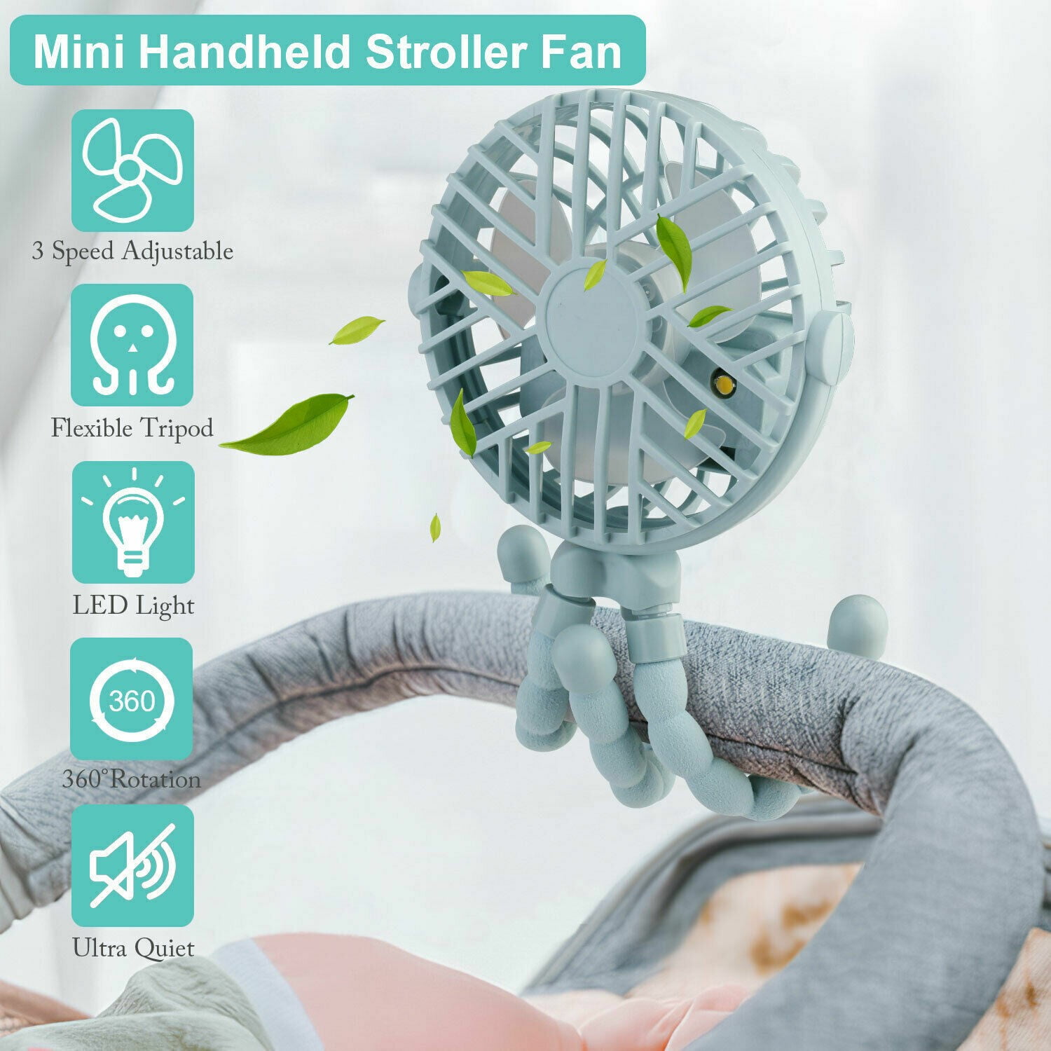 Mini Handheld Stroller Fan, Personal Portable Baby Car Seat Fan with