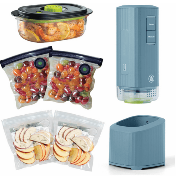 Mini Handheld Vacuum Sealer Machine with Marinate Setting & Charging Dock | Cordless Food Vacuum Sealer for Freezer, Storage, Sous Vide, Meal Prep | Blue