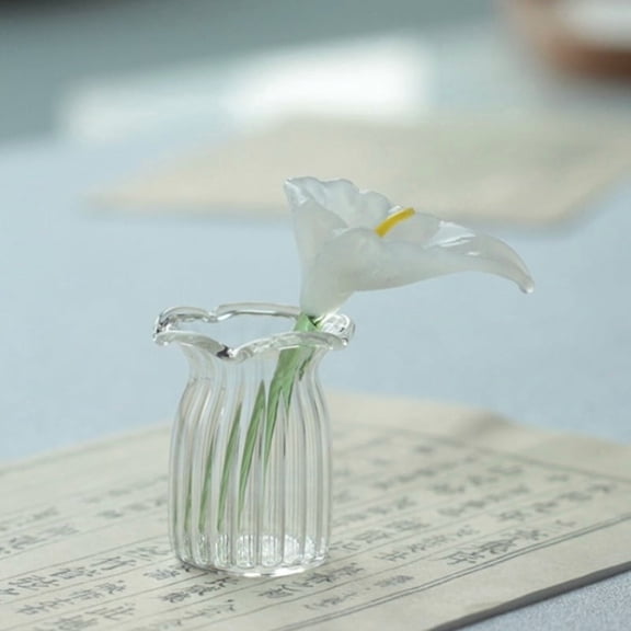 Mini Handmade Glass Calla Lily Vase Set - Pure White Artificial Flower Bouquet for Desktop, Car & Home Decor