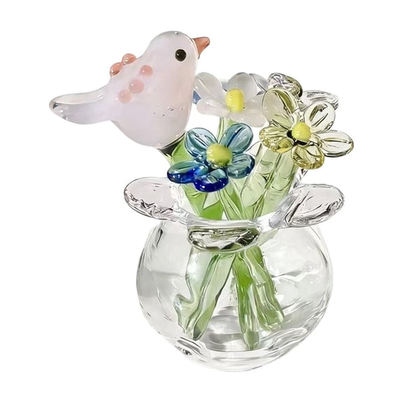 Mini Handmade Glass Vase P-ink Small Glass Vase Ornament with Artificial Flowers Bird Tiny Tabletop Decor Desktop Display for Home Office Shelf Decor Hand Blown Glass Craft Centerpiece