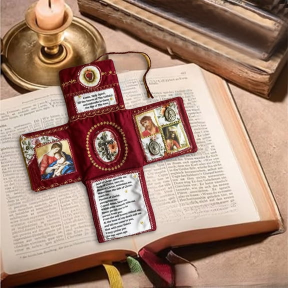 Mini Handmade Pocket Devotional Quilt with Silver Inside Catholic Folding Gift Personal Altar for Rosary & Meditation