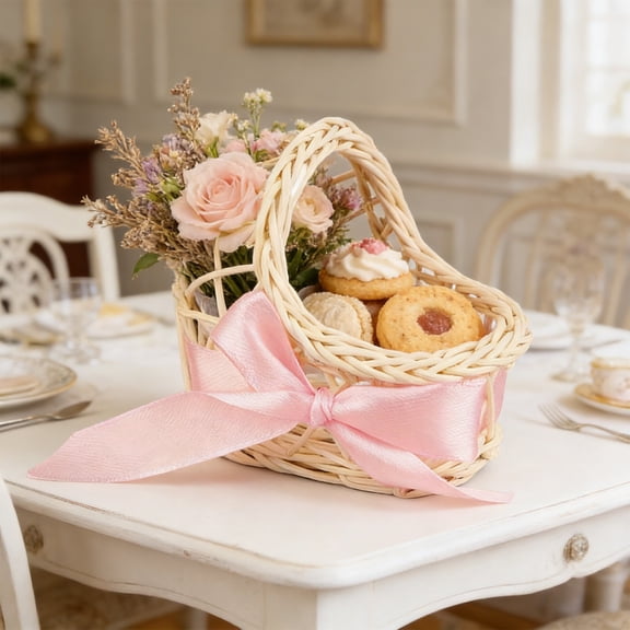 Mini Handmade Rattan Easter Basket with Bow - Natural Woven藤条 Small Decorative Basket for Easter Egg Hunt, Party Favors, Table Centerpiece - Cute Spring Holiday Ornament for Home Décor Gift Giving