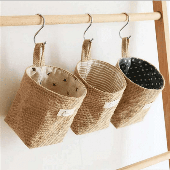 Mini Hanging Baskets Desk Organizers 3PCS Cotton Linen Wall Door Hanging Organizer Bag for Toy Cosmetic Key Small Stuff Storage Potted Planting Bag