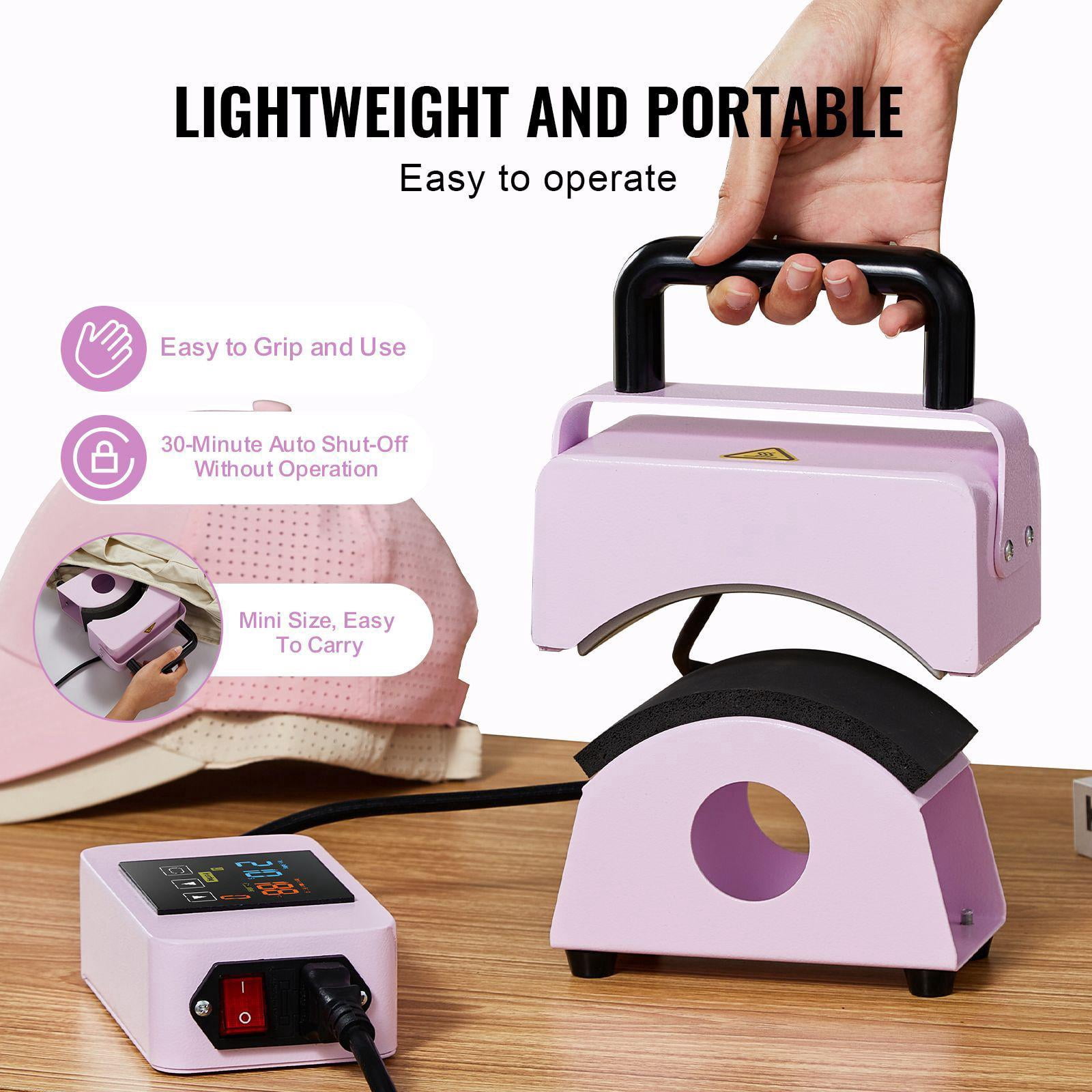 Mini Hat Heat Press Machine with 5.9x3.15 Inch Curved Plate Integrated Control Panel Safety Base Glove Auto Shut Off Purple