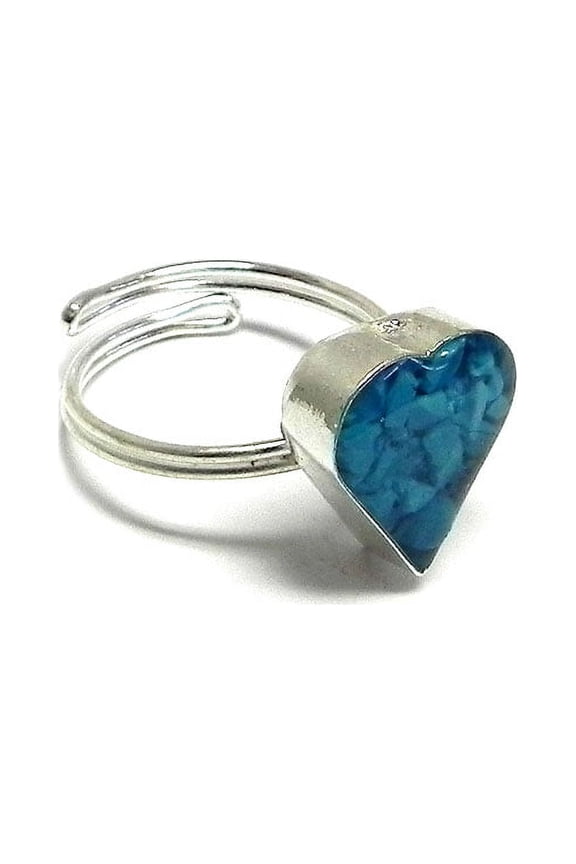 Mini Heart Shaped Crushed Chip Stone Inlay Acrylic Silver Metal Border Adjustable Ring - Womens Natural Fashion Handmade Jewelry Boho Accessories