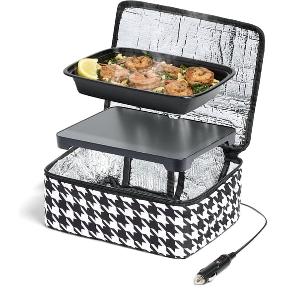 Mini Heated Lunch Box - Portable Electric Food Warmer for Men and Women - Great for Work, Office, and Construction - Cook, Reheat, and Eat on the Go - 12V - Houndstooth