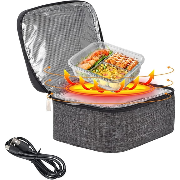 Mini Heated Lunch Box Portable USB Electric Food Warmer Bag, Insulated Lunch Container with Temperature Control, Leak Proof Food Heating Bag for Office Work Camping Travel,Gray