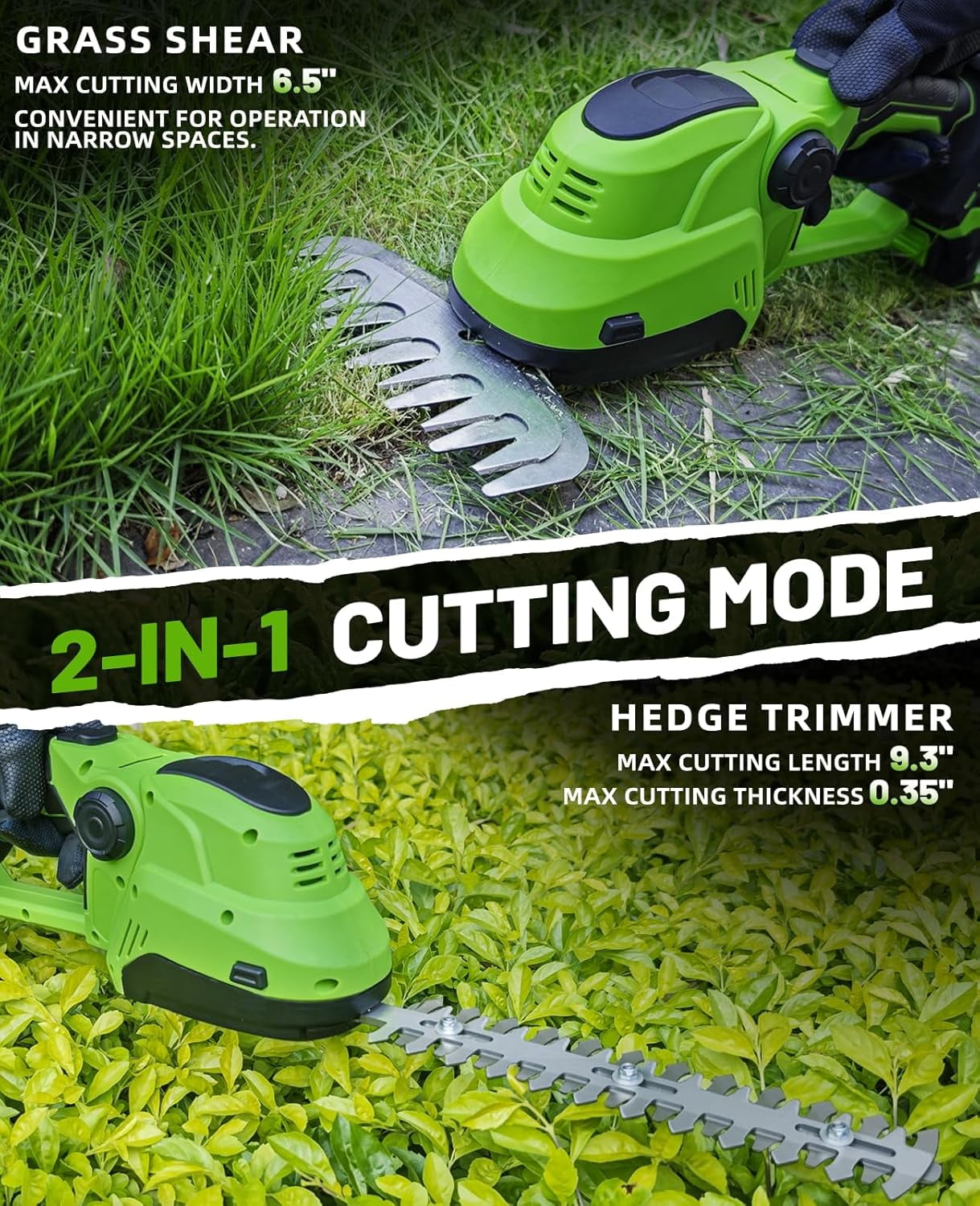 Mini Hedge Trimmer Cordless 2-in-1 Electric Grass Shear with 2 Batteries