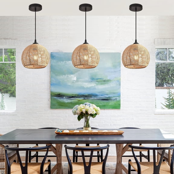 Mini Hemp Rope Woven Pendant Light, Boho Wicker Rattan Pendant Light Fixture, Hand Woven Dome Chandelier for Kitchen Island Bedroom Hallway, 3 Pack (Bulb Not Included)