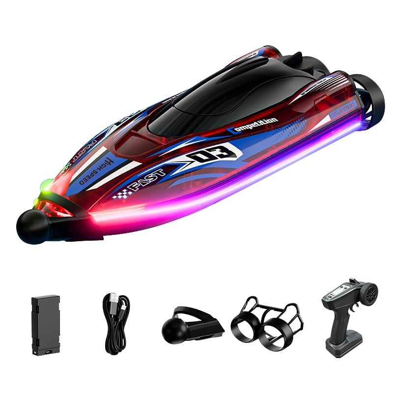 Mini High-Speed RC Boat Model with Multicolor Lights, Dual-Motor Impact-Resistant RC Ship, Gift for Enthusiast (Transparent Red)