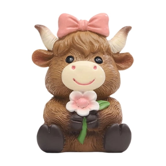 Mini Highland Cow Figurine Decor – Cute Resin Cow Statue for Bookshelf, Desk, Home, Garden, Office, Living Room Display, Farmhouse Animal Sculpture, Decorative Gift for Cow Lovers (B)