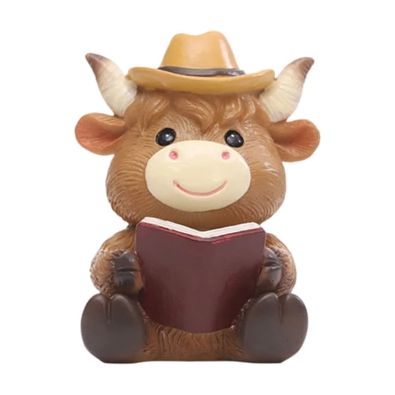 Mini Highland Cow Figurine Decor – Cute Resin Cow Statue for Bookshelf, Desk, Home, Garden, Office, Living Room Display, Farmhouse Animal Sculpture, Decorative Gift for Cow Lovers (C)