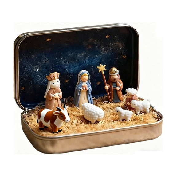 Mini Holy Family Nativity Figurine Kit, Tin Box Pack Christmas Religious Statue Set, Compact Faith Holiday Decor, Small Savior Birth Figurine Gift For Mantel Display