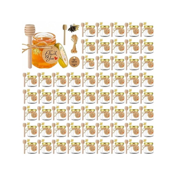 Mini Honey Jars 60-Pack with Dippers, 1.5oz Glass Honey Jars for Party Favors and Wedding Favors, Small Jars with Gold Lids, Bee Pendants, and Gold Ribbons for Baby Showers