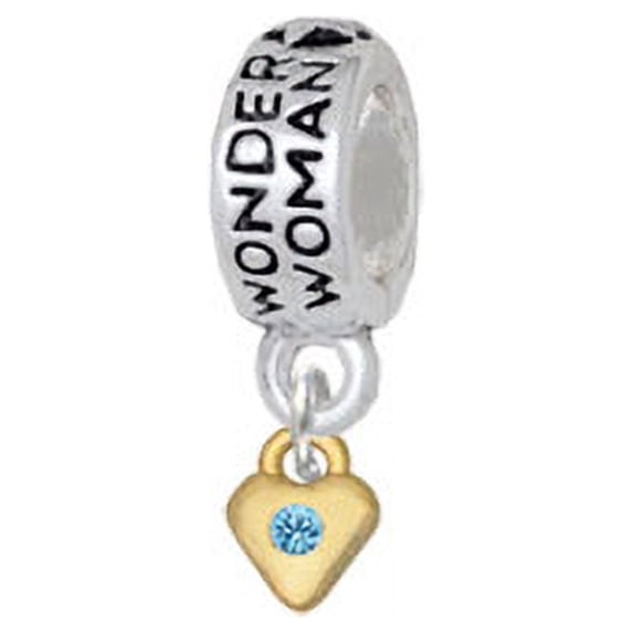 Mini Hot Blue Birthday Crystal Gold Tone Heart - Wonder Woman Charm Bead