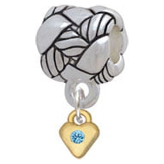 Mini Hot Blue Birthday Crystal Gold Tone Heart - Woven Rope Charm Bead