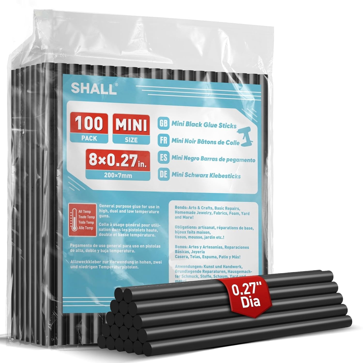 Mini Hot Glue Sticks, 0.27” Dia x 8” Long, 100 Pack Black Gun Sticks for All-Temp Guns, Melt Adhesive Multipurpose DIY Craft Sealing Repair Festival Decoration