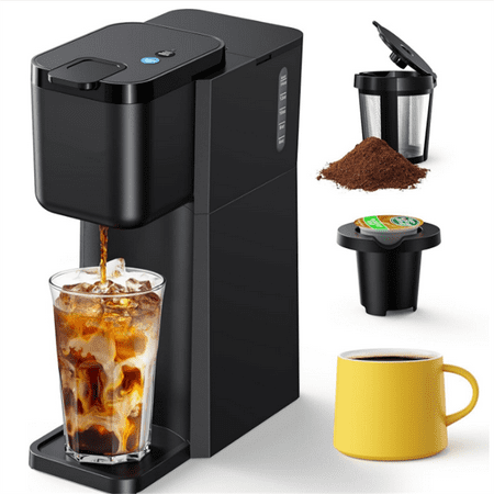 Mini Hot and Iced Coffee Maker Single Serve, for K Cup and Ground, 6 to 14 Oz Brew Sizes, with Recipe Book, for Home, Travel, RV, Office and Dorm, Classic Black (2.0 Version)