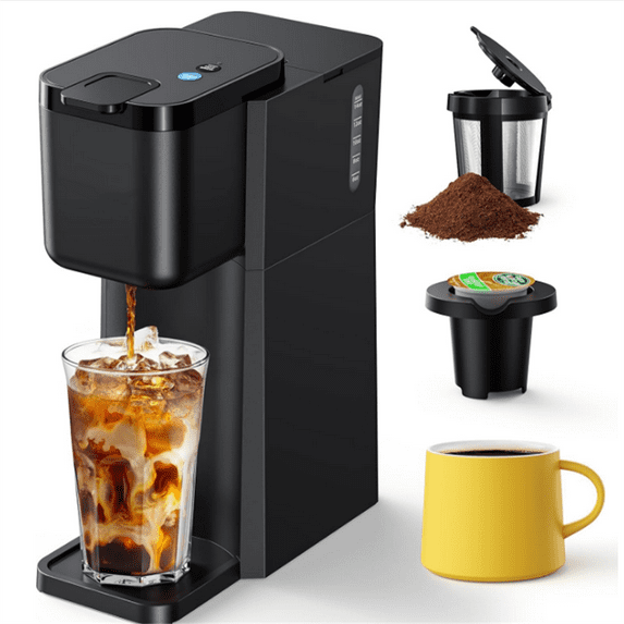 Mini Hot and Iced Coffee Maker Single Serve, for K Cup and Ground, 6 to 14 Oz Brew Sizes, with Recipe Book, for Home, Travel, RV, Office and Dorm, Classic Black (2.0 Version)