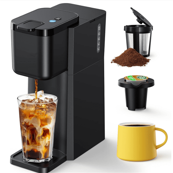 Mini Hot and Iced Coffee Maker Single Serve, for K Cup and Ground, 6 to 14 Oz Brew Sizes, with Recipe Book, for Home, Travel, RV, Office and Dorm, Classic Black (2.0 Version)