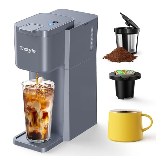Mini Hot and Iced Coffee Maker Single Serve, for K Cup and Ground, 6 to 14 Oz Brew Sizes, with Recipe Book, for Home, Travel, RV, Office and Dorm, Elegant Gray