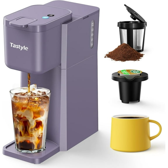 Mini Hot and Iced Coffee Maker Single Serve, for K Cup and Ground, 6 to 14 Oz Brew Sizes, with Recipe Book, for Home, Travel, RV, Office and Dorm, Violet