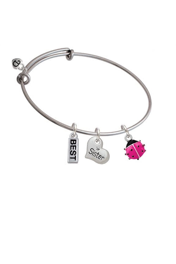 Mini Hot Pink Ladybug Sister Heart Expandable Bangle Bracelet