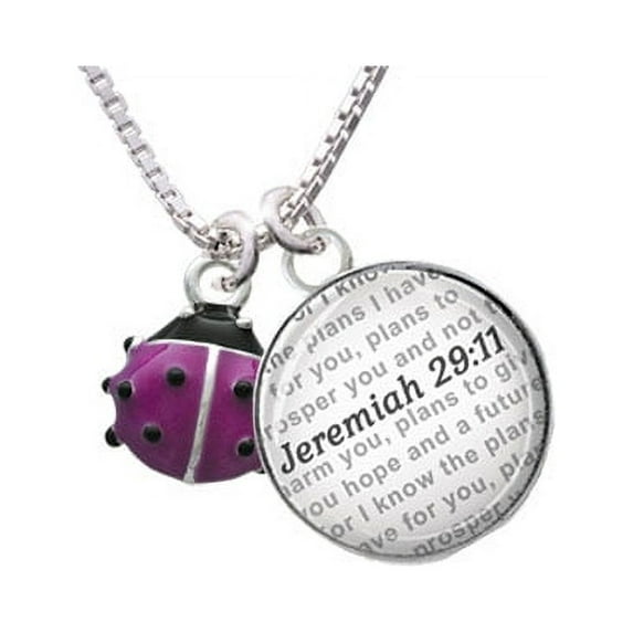 Mini Hot Purple Ladybug - Bible Verse Jeremiah 29:11 Glass Dome Necklace