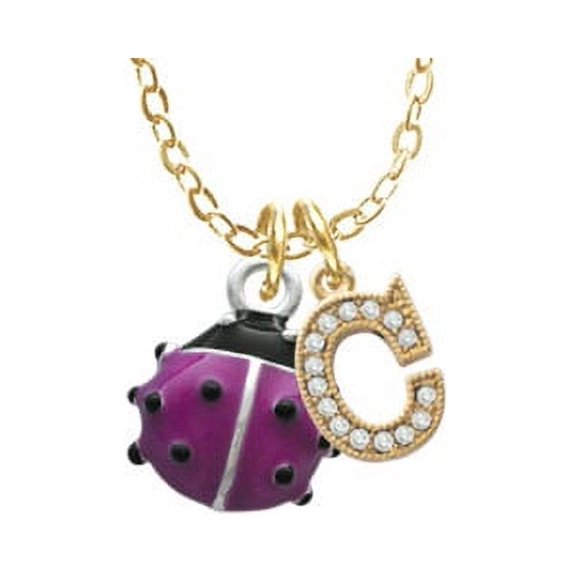Mini Hot Purple Ladybug - C - Gold Tone Crystal Initial Sophia Necklace, 18"+1"